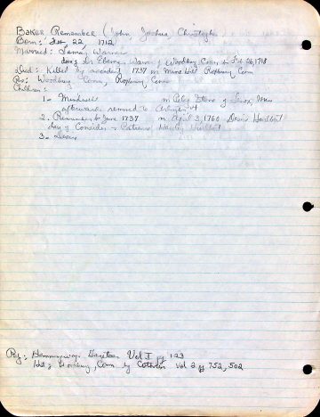 BAKER, Remember (1712 1737 Conn.) WARNER STONE HURLBURT